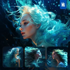 Midjourney Prompt Girl Woman Lady Hair Water Cyan Azure Sea Face Portrait Profile Mermaid Underwater Light Comic Cartoon Oil Painting