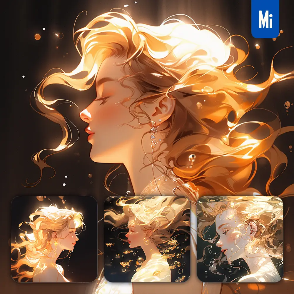 Midjourney Prompt Girl Woman Lady Hair Water Golden Sea Face Portrait Profile Underwater Light Comic Cartoon