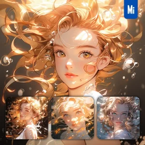 Midjourney Prompt Girl Woman Lady Hair Water Golden Sea Face Portrait Underwater Light Comic Cartoon