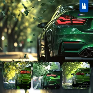 Midjourney Prompt Green BMW Car Summer Leaves Tree Street Road Photography
