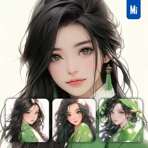 Midjourney Prompt Green Japanese Beautiful Geisha Asian Woman Girl Lady Face Portrait Animation Cartoon Painting