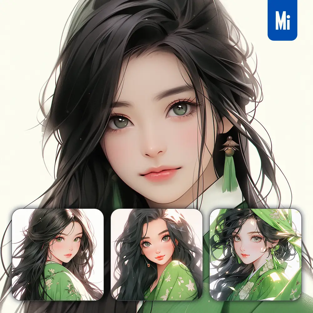 Midjourney Prompt Green Japanese Beautiful Geisha Asian Woman Girl Lady Face Portrait Animation Cartoon Painting