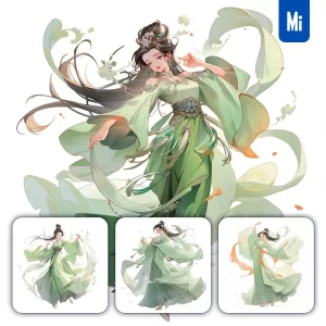 Midjourney Prompt Green Beautiful Chinese Girl Lady Woman Dance Portrait Animation Cartoon Painting