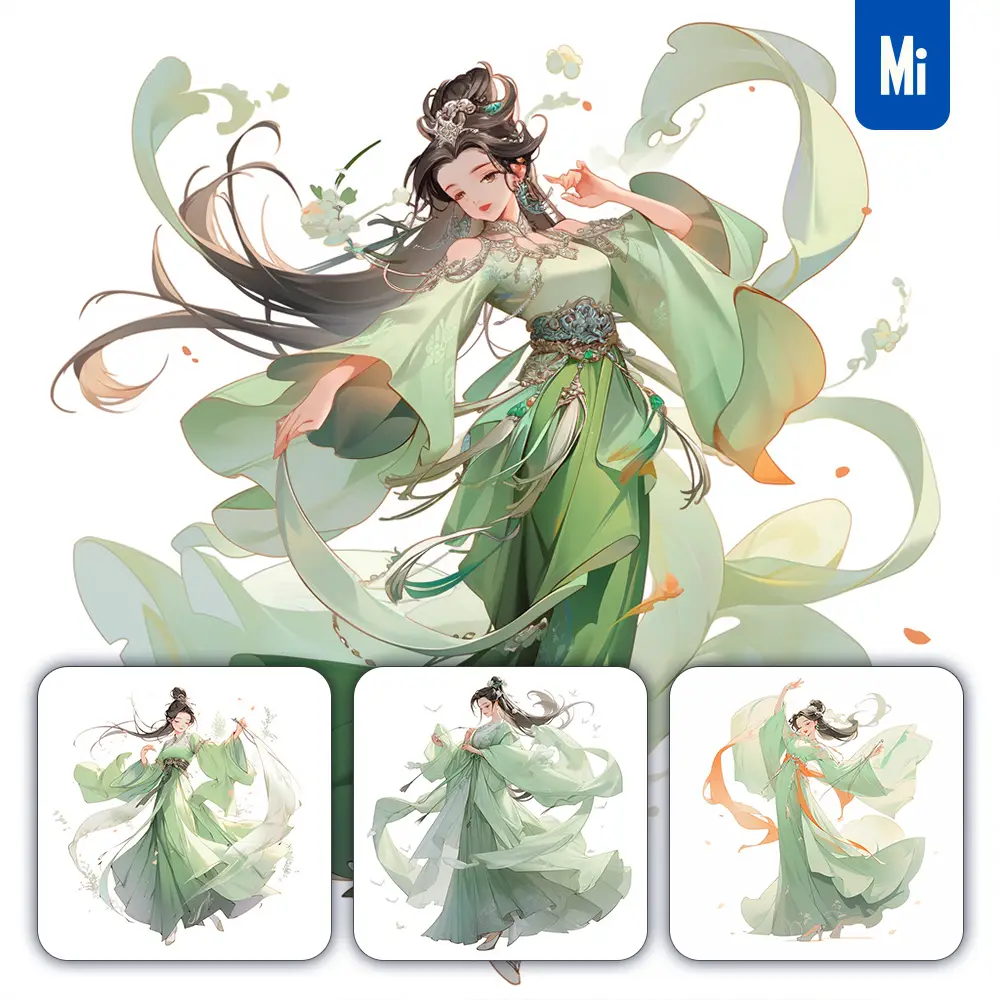 Midjourney Prompt Green Beautiful Chinese Girl Lady Woman Dance Portrait Animation Cartoon Painting