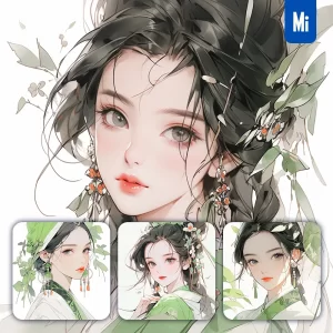 Midjourney Prompt Green Headgear Beautiful Woman Girl Lady Face Portrait Animation Cartoon Painting