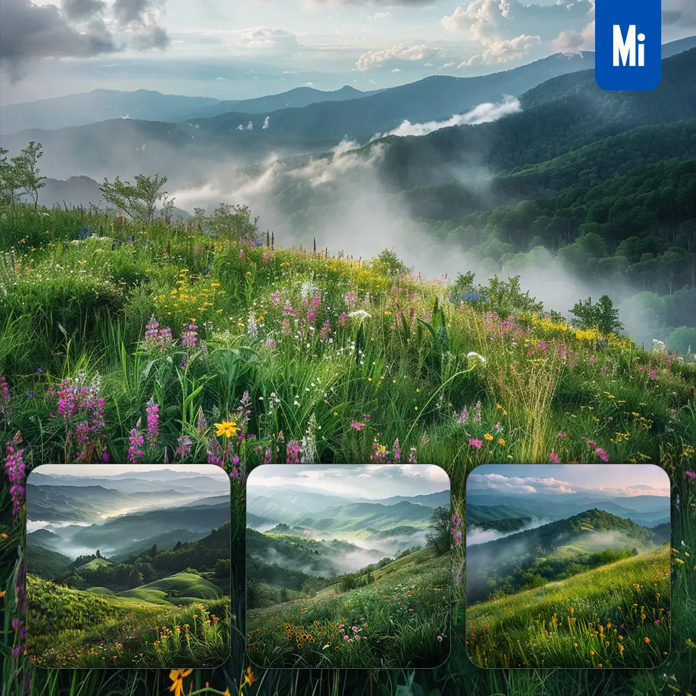 Midjourney Prompt Green Hill Smoky Mountain Wildflower Mist Landscape Photography