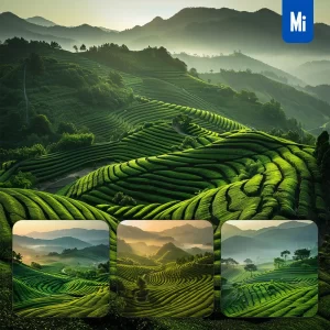 Midjourney Prompt Green Tea Field Tree Terraced Hill Tea Bush Mist Landscape Photography