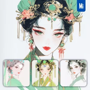 Midjourney Prompt Green Watercolor Headgear Beautiful Woman Girl Lady Face Portrait Animation Cartoon Painting