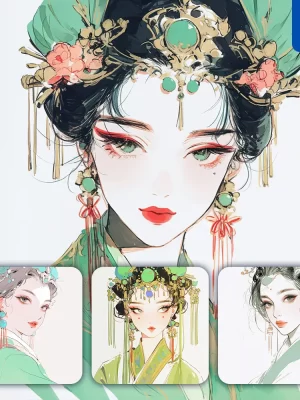 Midjourney Prompt Green Watercolor Headgear Beautiful Woman Girl Lady Face Portrait Animation Cartoon Painting