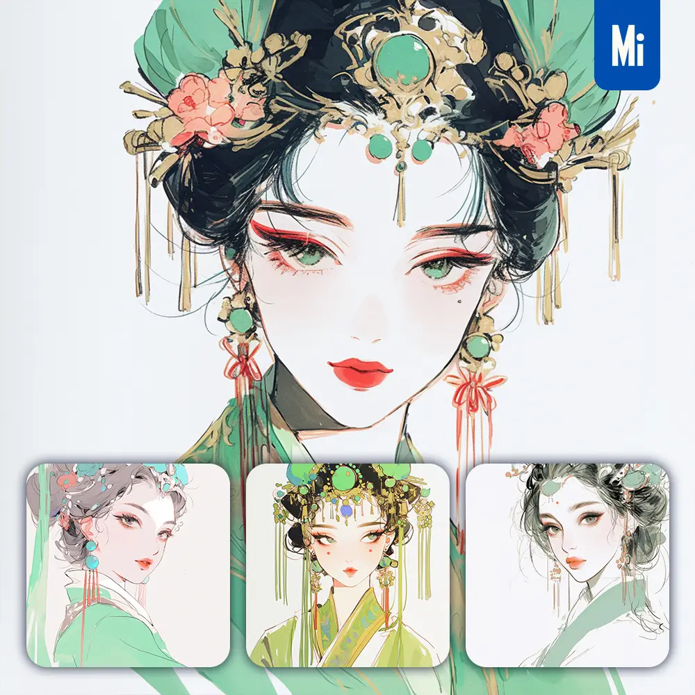 Midjourney Prompt Green Watercolor Headgear Beautiful Woman Girl Lady Face Portrait Animation Cartoon Painting
