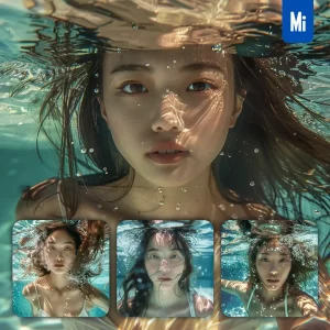 Midjourney Prompt Head Face Portrait Asian Japanese Lady Girl Woman Water Underwater Swimming Photography