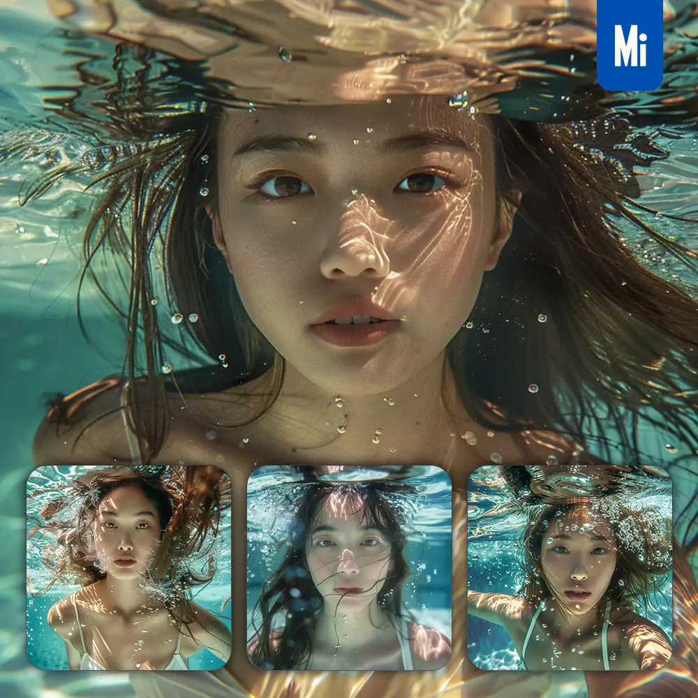 Midjourney Prompt Head Face Portrait Asian Japanese Lady Girl Woman Water Underwater Swimming Photography