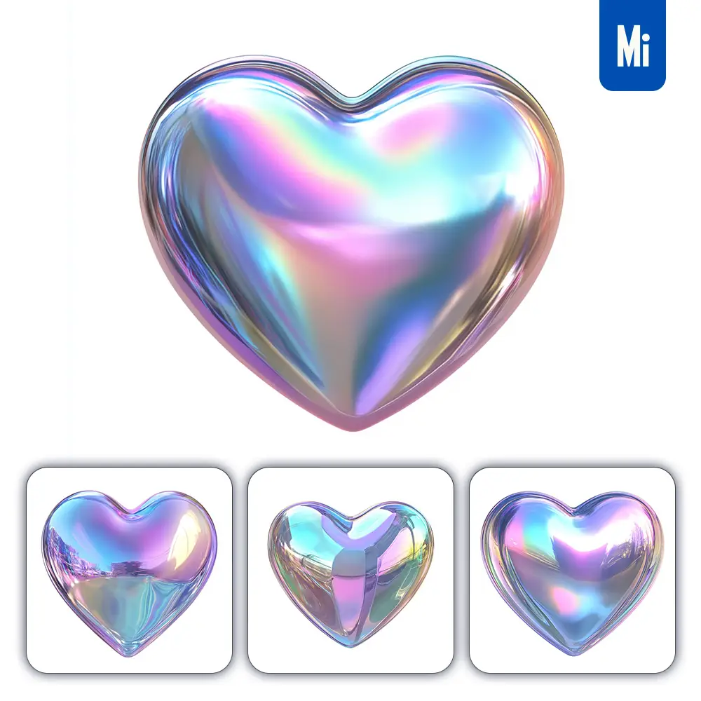 Midjourney Prompt Heart 3D Pastel Hologram Holographic Colorful Icon Model