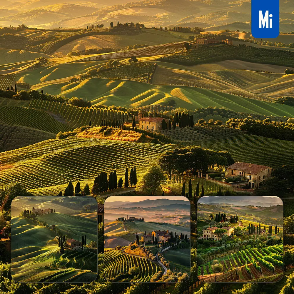 Midjourney Prompt Hill Tree Vineyard Sunset Grove Village Field Village Building House Landscape Photography