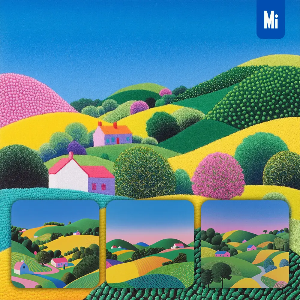 Midjourney Prompt House Countryside Field Hill Farmhouse Landscape Illustration Painting Graphic Design