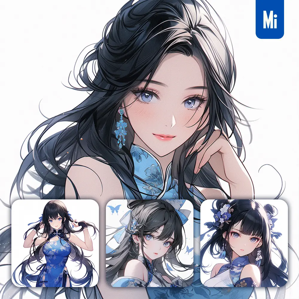 Midjourney Prompt Woman Lady Face Girl China Blue Beautiful Chinese Princess Portrait Gown Animation Cartoon Painting