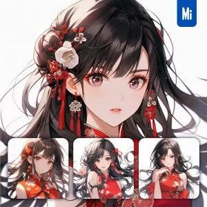 Midjourney Prompt Lady Face Girl China Red Beautiful Chinese Princess Portrait Gown Animation Cartoon Painting