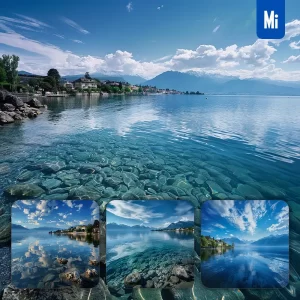 Midjourney Prompt Lake Blue Sky Cloud Water Town Mountain Landscape Photography