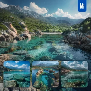 Midjourney Prompt Lake Mountain Beach Water Sea Stone Landscape Photography