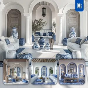 Midjourney Prompt Living Room Mediterranean Blue Home Arched Doorway Light Photography
