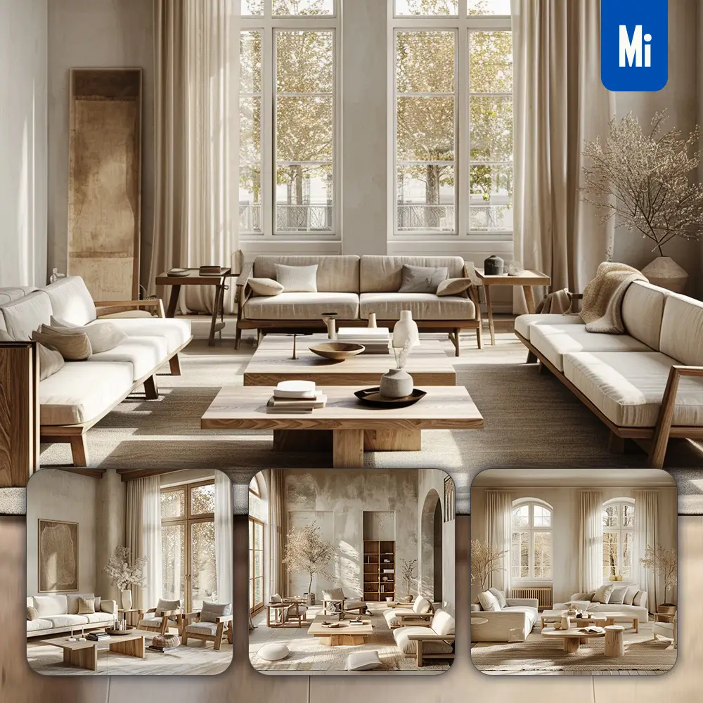 Midjourney Prompt Living Room Home Wooden Furniture Window Light Modern Minimalist Photography