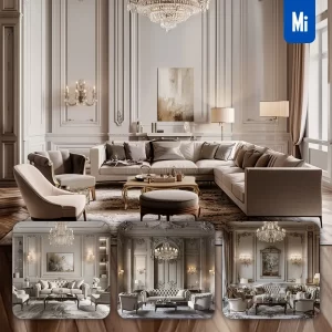 Midjourney Prompt Living Room Sofa Elegant Furniture Chandelier Home Luxury Noble Photography