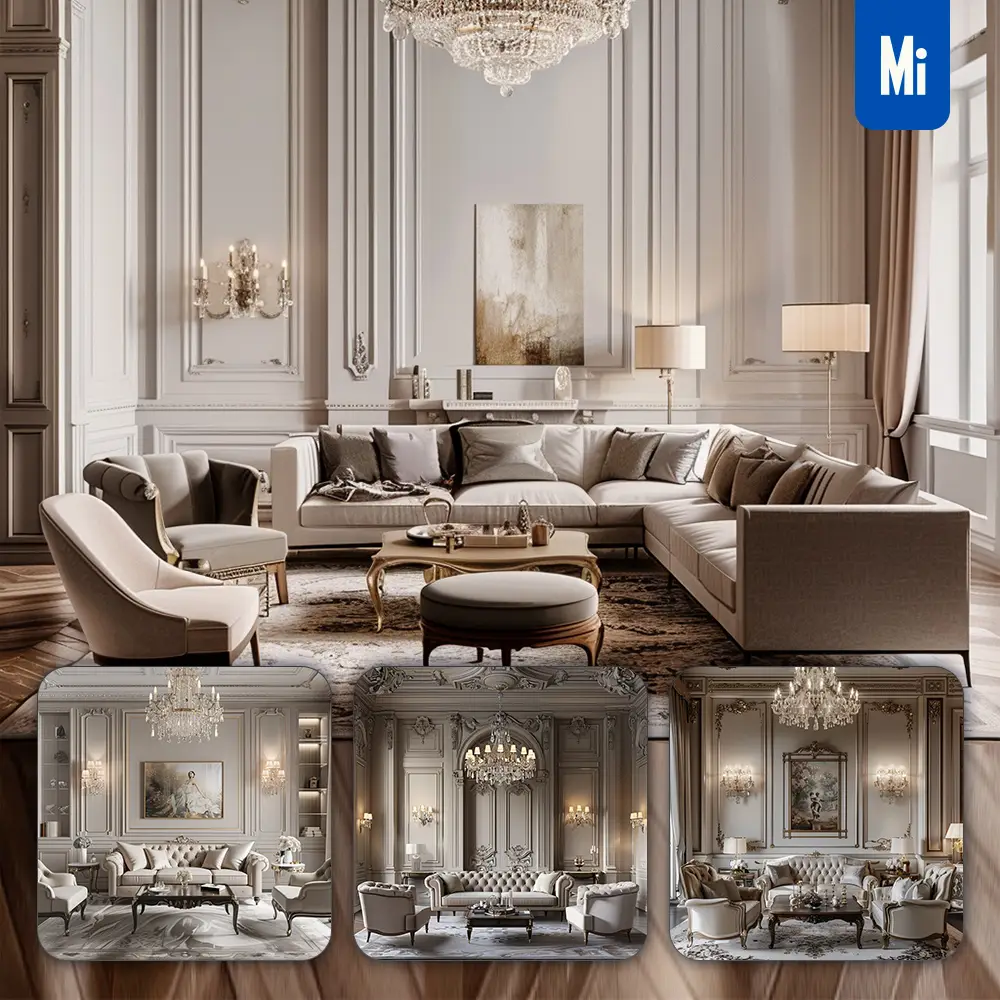 Midjourney Prompt Living Room Sofa Elegant Furniture Chandelier Home Luxury Noble Photography