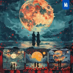 Midjourney Prompt Love Flower Rose Moon Cloud Sky Night Ocean Silhouette Scene