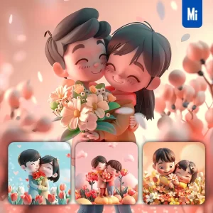 Midjourney Prompt Love Lovers Couple Flower Hug Portrait Valentine’s Day 3D Rendering Cartoon