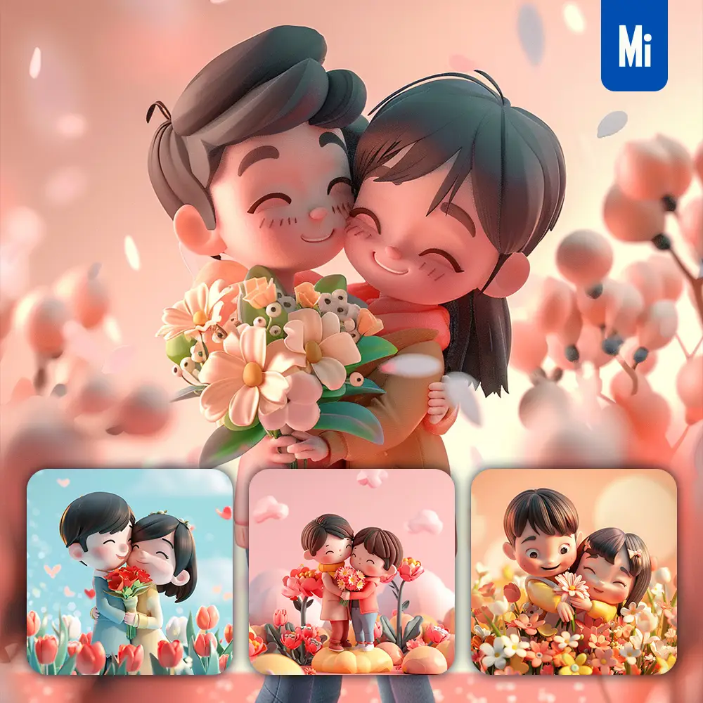 Midjourney Prompt Love Lovers Couple Flower Hug Portrait Valentine’s Day 3D Rendering Cartoon