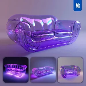 Midjourney Prompt Loveseat Sofa Transparent Inflatable Furniture Purple Product Design 3D Concept