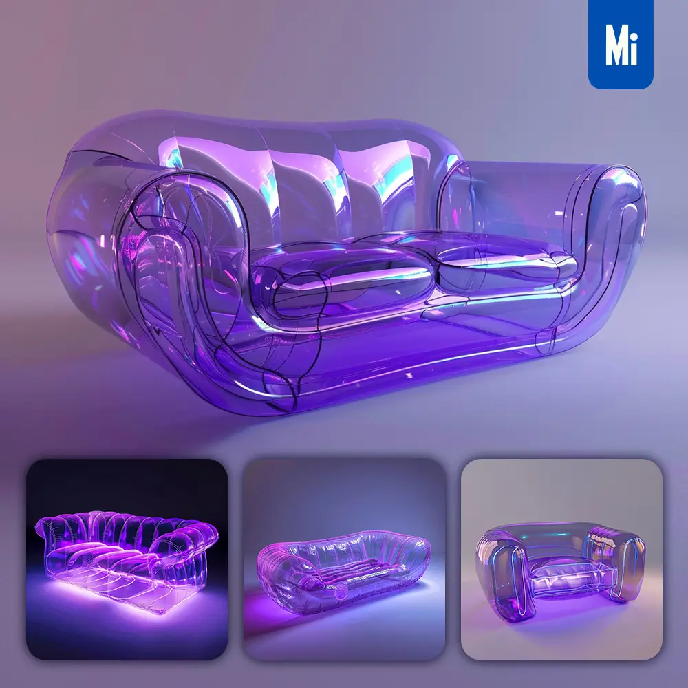 Midjourney Prompt Loveseat Sofa Transparent Inflatable Furniture Purple Product Design 3D Concept