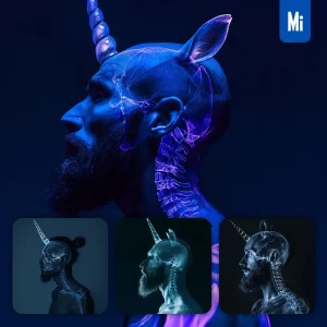 Midjourney Prompt Man X-ray Light Blue Dark Unicorn Head Portrait Photography