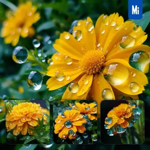 Midjourney Prompt Marigold Flower Branch Leaves Leaf Dewdrop Drop Photography