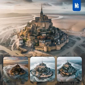 Midjourney Prompt Medieval Village Abbey Island Rocky Sandy Castle Alcazar Landscape Photography
