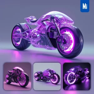 Midjourney Prompt Motorcycle Transparent Inflatable Futuristic Vehicle Purple Product Design 3D Concept
