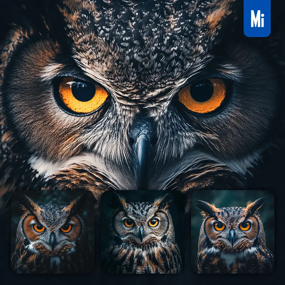 Midjourney Prompt Owl Eyes Head Straight Face Detailed Close Up Photography