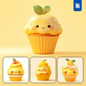 Midjourney Prompt Peach Yellow Cupcake Cake Cup Icon Design Cute 3D Rendering