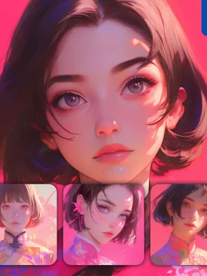 Midjourney Prompt Pink Chinese Asian Beautiful Woman Girl Lady Face Portrait Animation Cartoon Painting