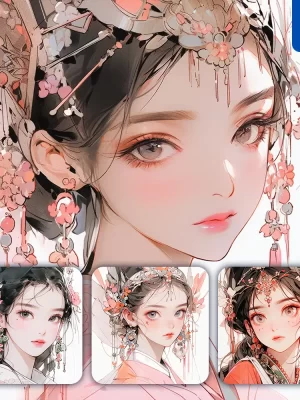 Midjourney Prompt Pink Headgear Beautiful Woman Girl Lady Face Portrait Animation Cartoon Painting