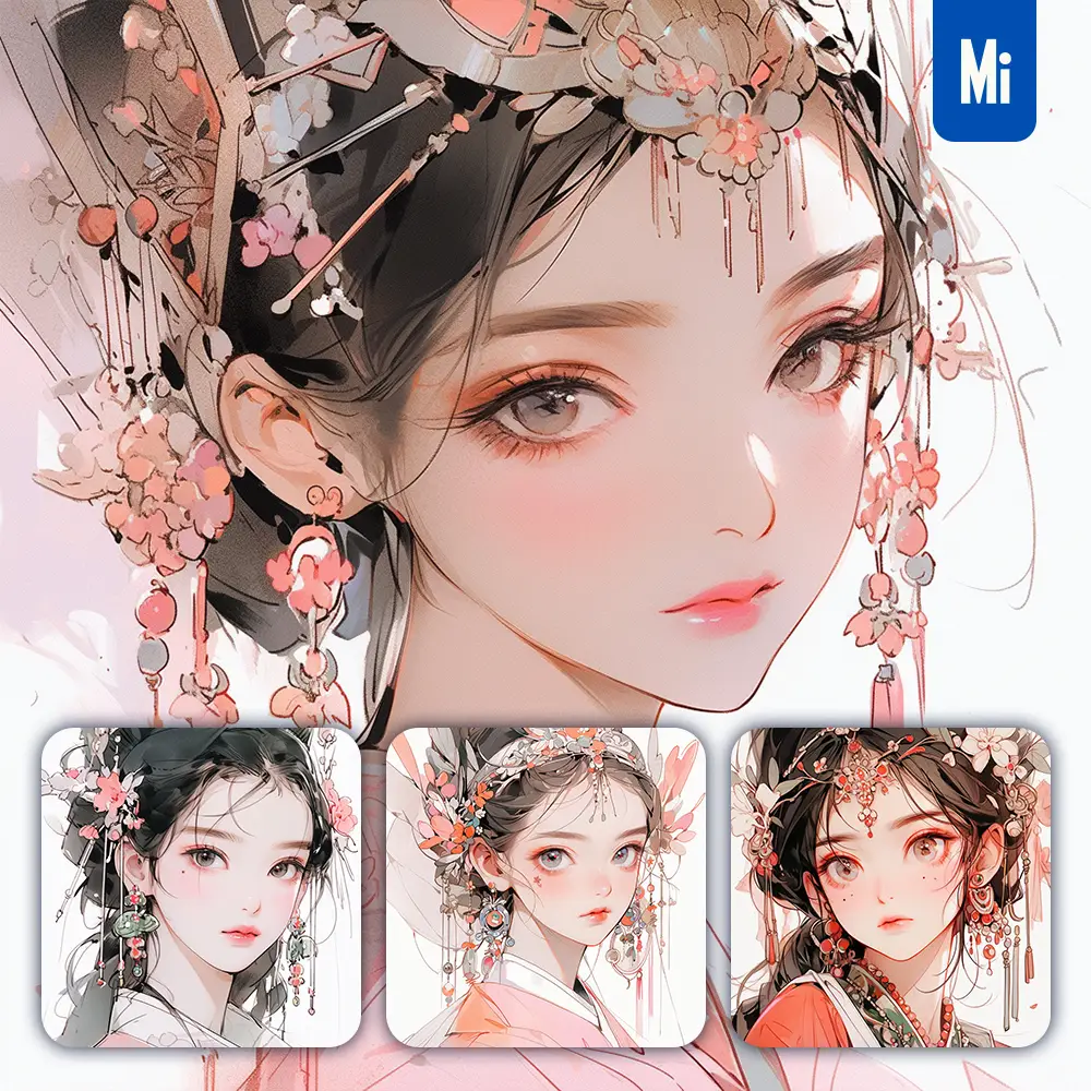 Midjourney Prompt Pink Headgear Beautiful Woman Girl Lady Face Portrait Animation Cartoon Painting