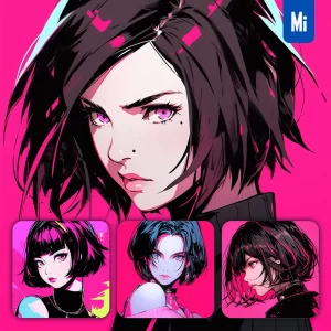 Midjourney Prompt Pink Neon Short Hair Beautiful Woman Capable Girl Lady Face Portrait Animation Cartoon