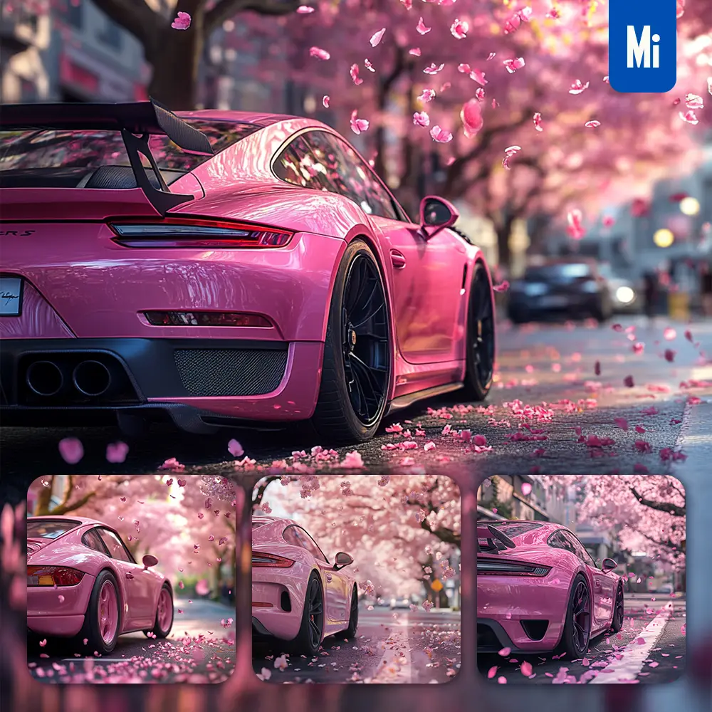Midjourney Prompt Porsche Pink Porshe Car Flower Petal Tree Street Road Photography