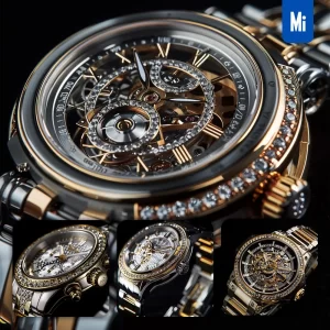 Midjourney Prompt Precious Metals Detail Mechanical Watch Morden Gold Golden Crystal Diamond Luxury Photograph