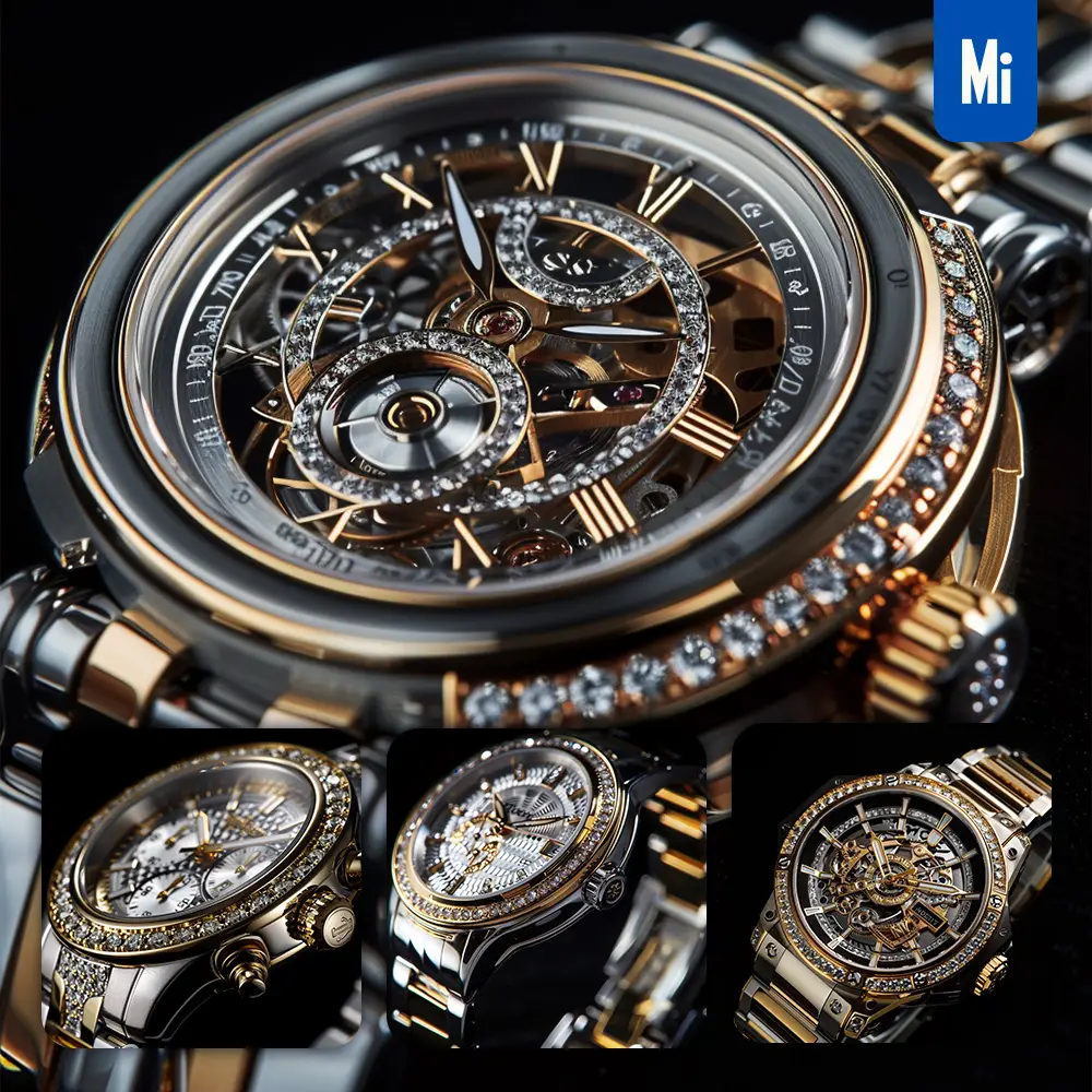Midjourney Prompt Precious Metals Detail Mechanical Watch Morden Gold Golden Crystal Diamond Luxury Photograph