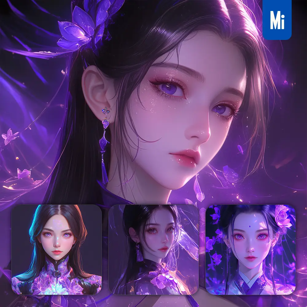 Midjourney Prompt Purple Chinese Asian Beautiful Woman Girl Lady Face Portrait Animation Cartoon Painting