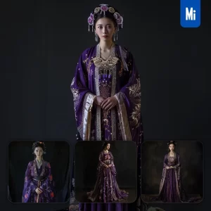 Midjourney Prompt Purple Chinese Gown Princess Infanta Woman Lady Girl Standing Photography