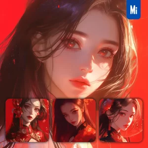 Midjourney Prompt Red Chinese Asian Beautiful Woman Girl Lady Face Portrait Animation Cartoon Painting