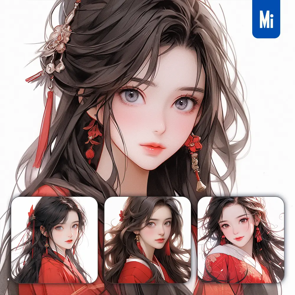 Midjourney Prompt Red Chinese Beautiful Asian Woman Girl Lady Face Portrait Animation Cartoon Painting