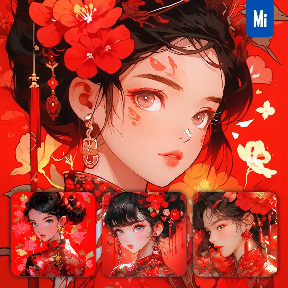 Midjourney Prompt Red Chinese Beautiful Asian Woman Girl Lady Face Portrait Flower Animation Cartoon Painting